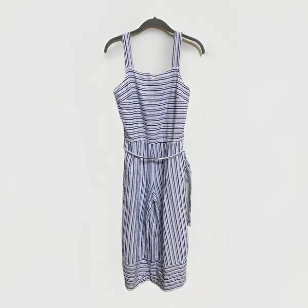 Beach Lunch Lounge Blue White Stripe Linen Blend Cropped Jumpsuit S‎ - Image 7