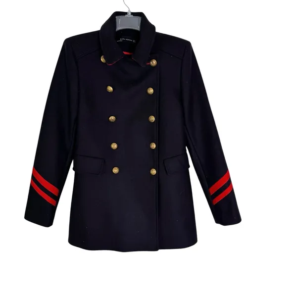 Zara Navy Military Style Double Breasted Coat Size S - Image 5