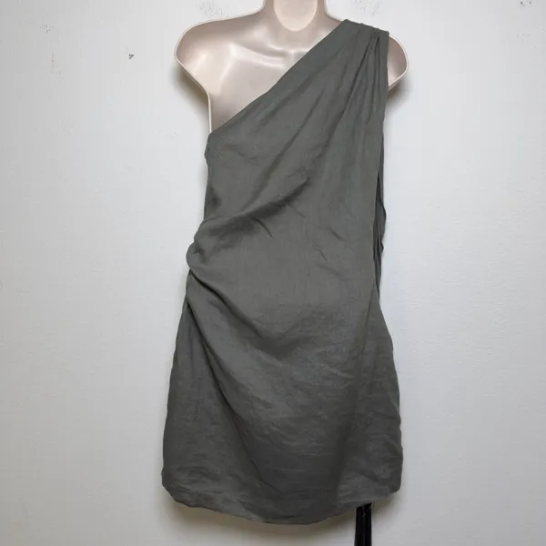 Zara Women 100% Linen‎ Mini Dress Green One Shoulder Macrame Fringe Tassel - Image 6