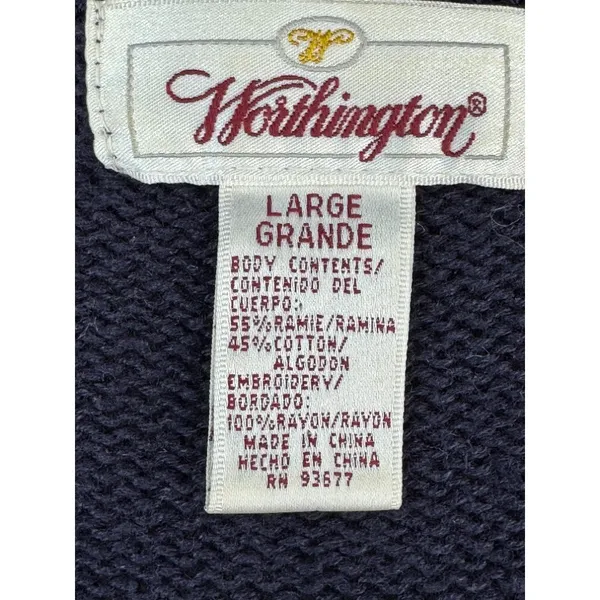 Worthington Vintage Navy Blue Floral Embroidered Zip Up Tassel Cardigan Large - Image 3