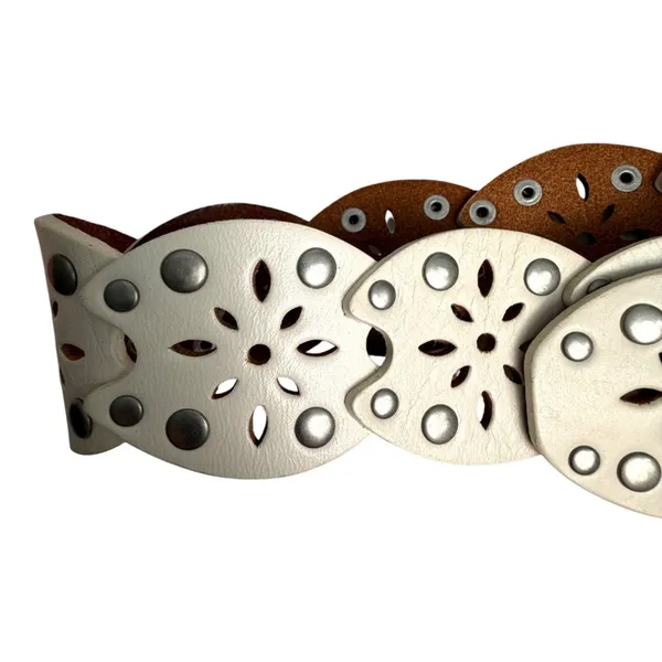 Cream Leather Silver Studs Cutout Bohemian Large Silver Buckle Belt One Size - Image 3
