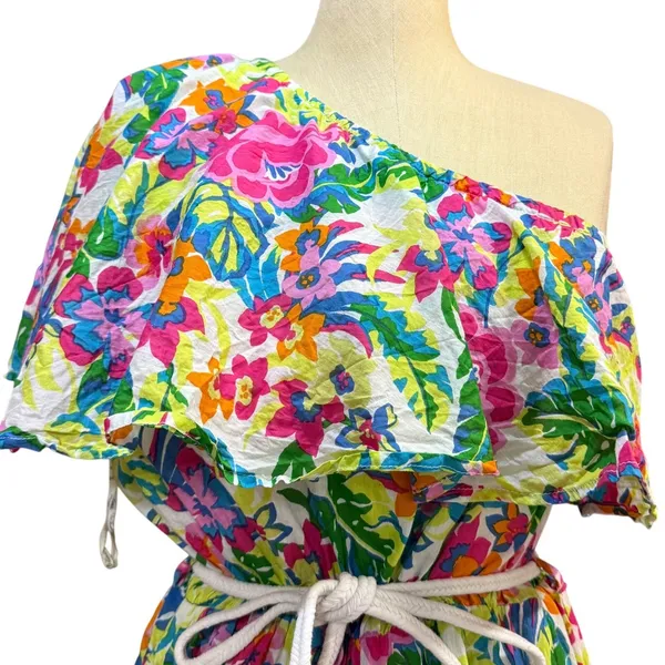 True Destinations XL One Shoulder Floral Ruffle Romper Multi Color Cotton Boho - Image 3