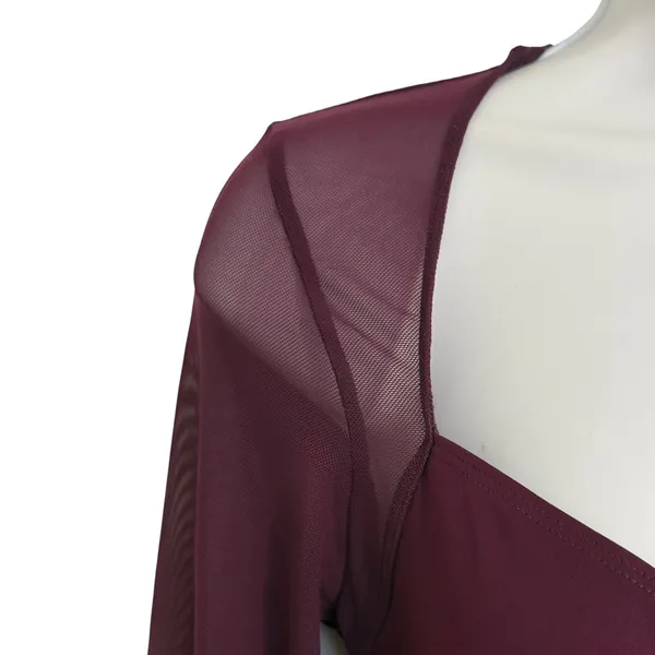 FEELINGIRL‎ Burgundy Sheer Mesh Long Sleeve Sweetheart Neck Bodysuit NWT Medium - Image 4