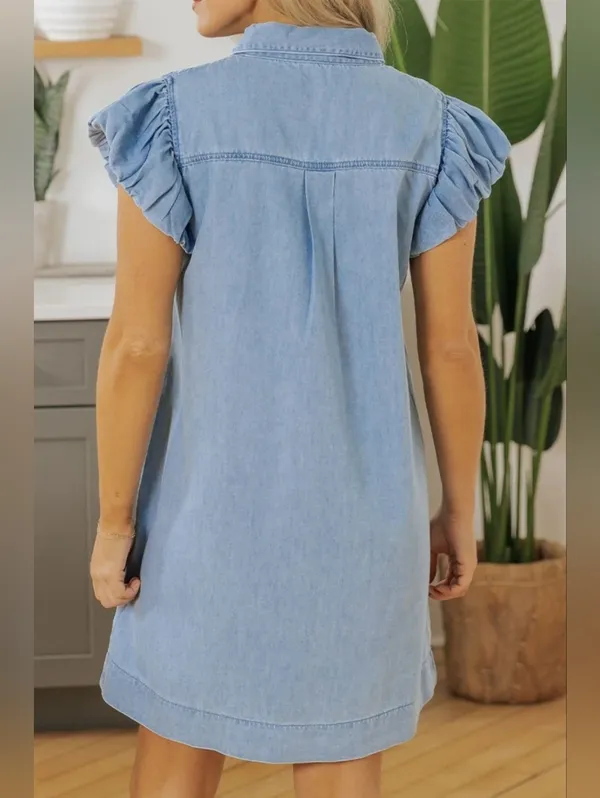 Entro Light Blue Denim Mini Dress with Puff Sleeves Medium - Image 2