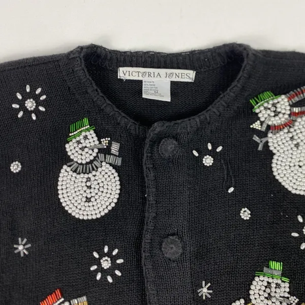 Victoria Jones Cardigan Sweater Womens‎ Medium Black Snowman Ugly Christmas - Image 3