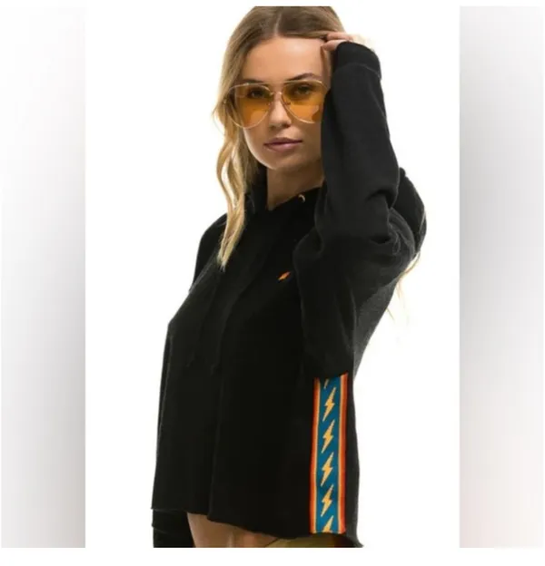Aviator Nation Black Hoodie with Colorful Side Stripes - Image 4
