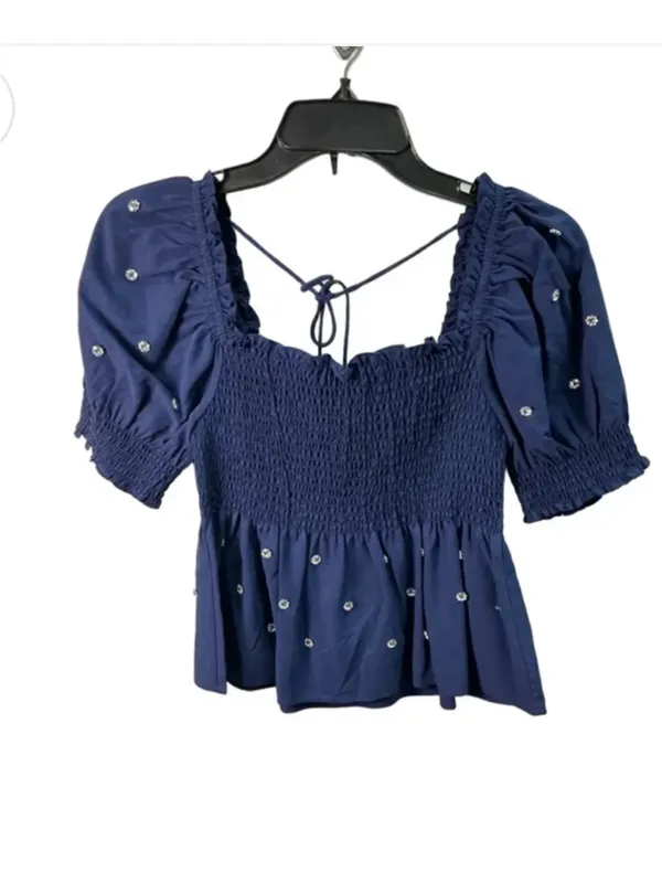 Nwt Hill House Blue Jewel Jammie Smocked front top $160 embellished S summer - Image 4