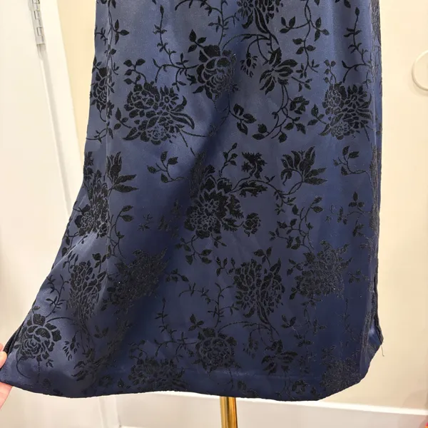 VTG 90s CDC Navy Blue Black Flocked‎ Velvet Floral Mandarin Collar Midi Dress 10 - Image 5