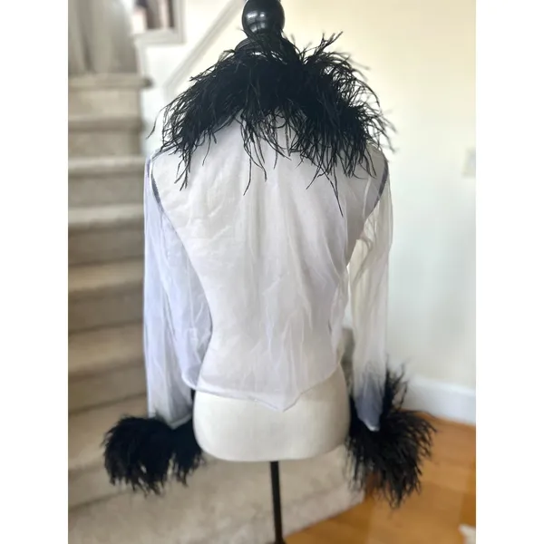 Y2K White Sheer & Black Feather Trim Tie Cardigan Cher Clueless Whimsygoth - Image 2