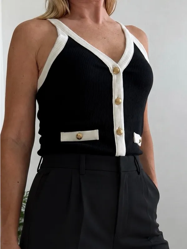J.Crew Black & White Ribbed Button Front Tank Top Gold Buttons Size S NWT - Image 2