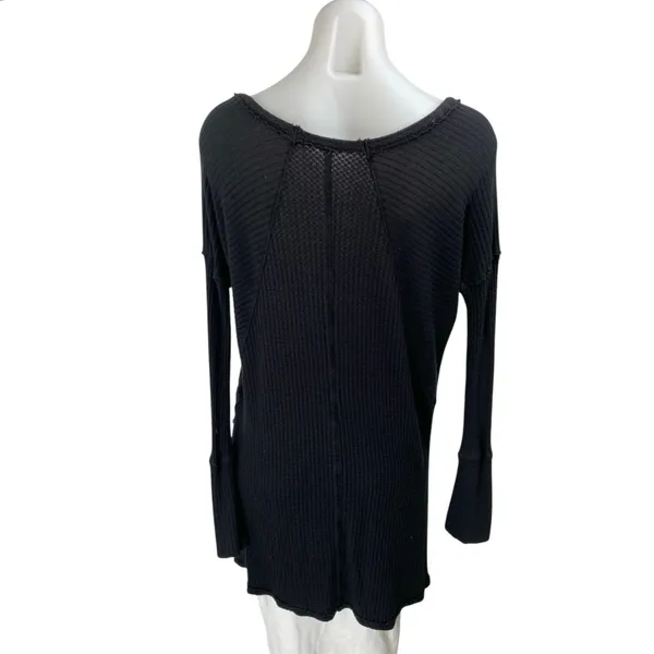 Free People Black Long Sleeve Waffle Knit Thermal Scoop Neck Sweater Top Size M - Image 2