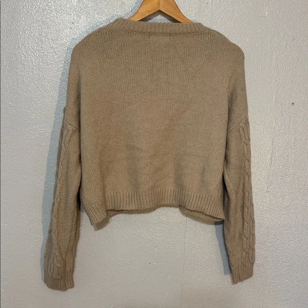 Altar'd State Beige Cropped Cable Knit Chunky Bobble Sweater Cozy Preppy Pom M - Image 7