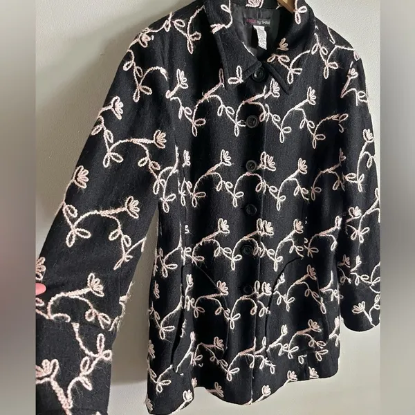 Vintage Y2K Focus by Shani Black Floral Embroidered Wool Blend Jacket XL - Image 4