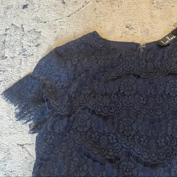 Lulu's Take Me to Brunch Navy Blue Lace Shift Dress Size Extra Small - Image 7