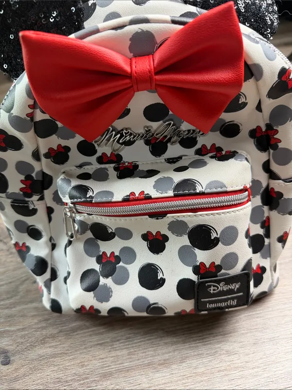 Loungefly Disney Minnie Mouse Mini Backpack Red Bow Black Sequin Ears Vegan - Image 11