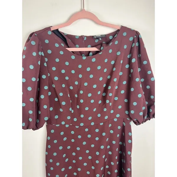 Bobeau Polka Dot Dara Midi Dress Puff Sleeve Ruffle Hem Burgundy Teal Size M - Image 10