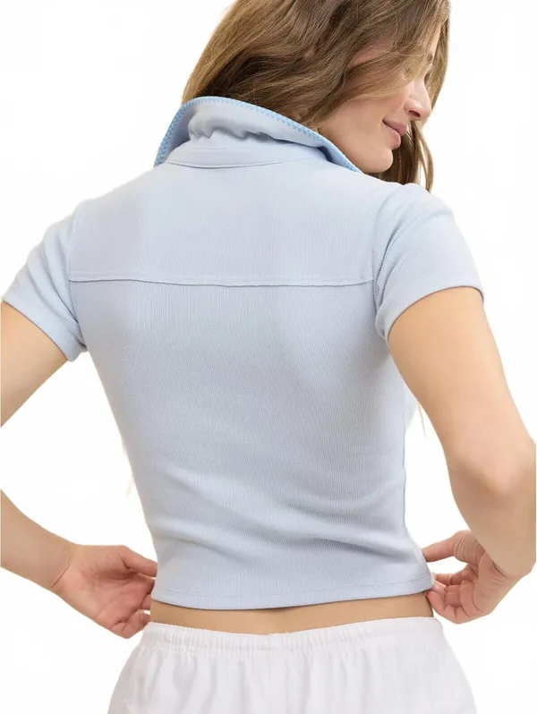 AE Aerie Cropped Polo T-Shirt American Eagle NWT Misty Sky Blue Small - Image 2