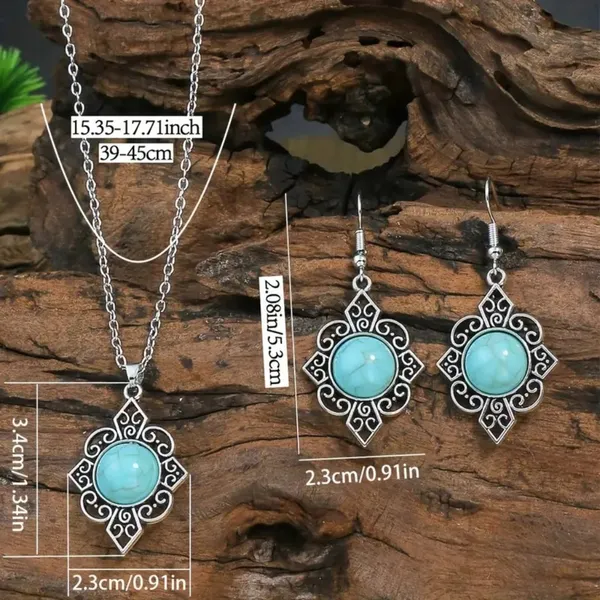 BJ Glamorous Vintage Style Floral Turquoise Gems Retro Necklace/Earring Set - Image 6