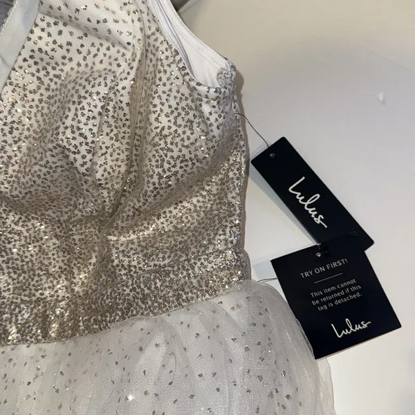 Lulus Dress Medium Sparkling White Tulle Ballerina Dream Cream Gold Skater Dress - Image 8