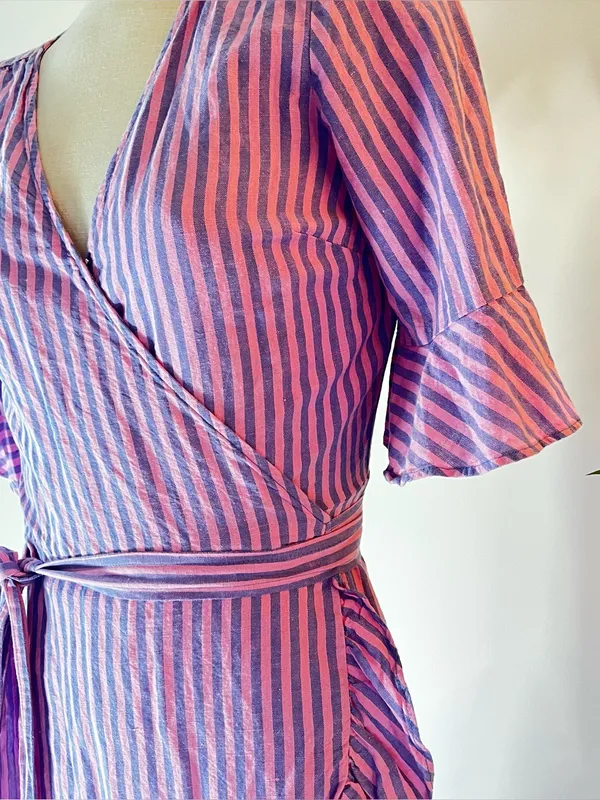 Gap Linen Purple and pink Striped Wrap Dress with Ruffle Hem - Image 3