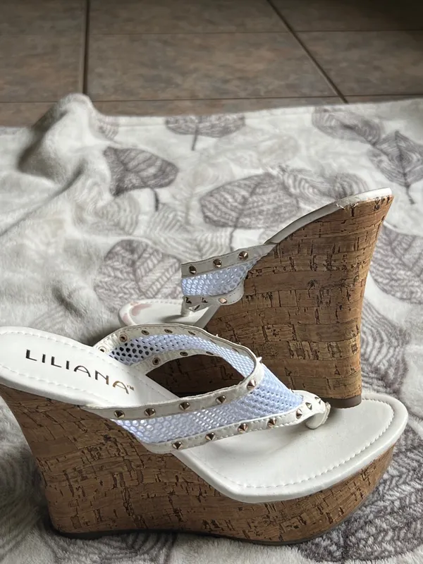 Liliana White Cork Wedge Thong Sandals with Stud Accents - Image 5