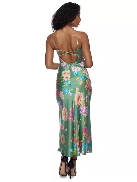 B Darlin Green Floral Satin Slip Midi Dress with Spaghetti Straps - Image 3