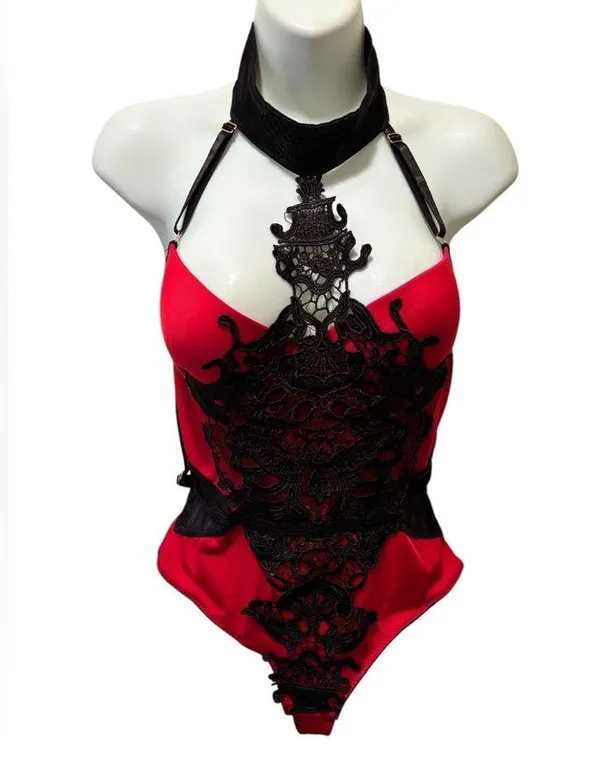 Frederick’s of Hollywood Dominatrix Red Black High Neck Thong Bodysuit Sz L - Image 2