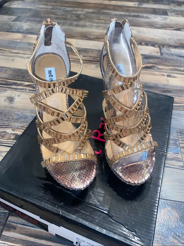 Not Rated Gold Snake-Print Cork Wedge Sandals - Image 2