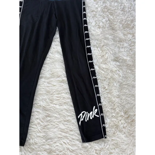 PINK Victoria's Secret Athleisure Leggings Black Side Logo Blue Waistband‎ - Image 2