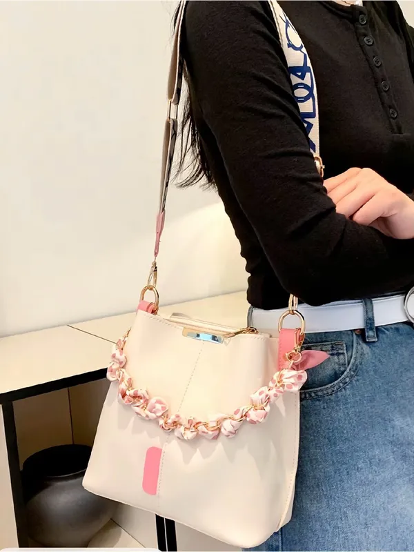 Beige and Pink Women’s Shoulder Bag with Braided Scarf Detail - Image 6