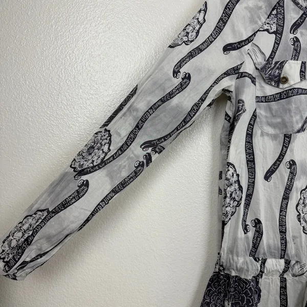 Custo Barcelona Tunic Womens Size 2 Gray Floral Bird Print Drawstring Waist Top - Image 5