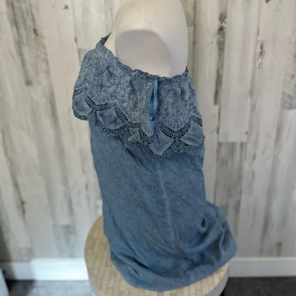 Knox Rose Chambray Blue Strapless Embroidered Lace Trim Boho Top Size S - Image 2