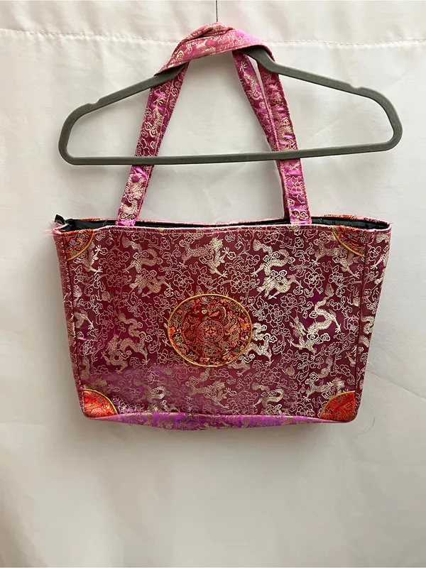 Vintage Chinese Brocade Dragon Tote Bag Purple Gold Asian Shoulder Purse - Image 3