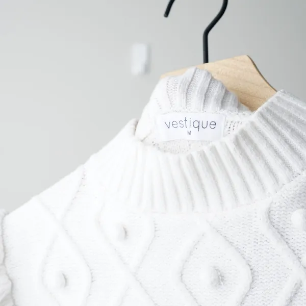 Vestique Cropped Sweater Vest Top Ruffle Cap Sleeves Pompom Jacquard Mock Neck M - Image 7