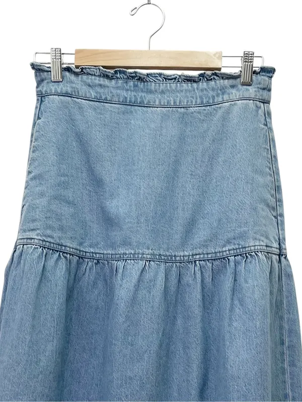 Madewell Pull On Denim Midi Skirt Size XS Normandie Wash Ruffle Waist Pockets - Image 4