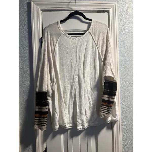 Free People Knit Top Medium‎ Cream Raw Hem Boho Striped Sleeve Relaxed Fit - Image 6