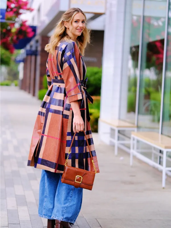 Plaid Belted Utility Trench Coat in Brown and Black - Image 4