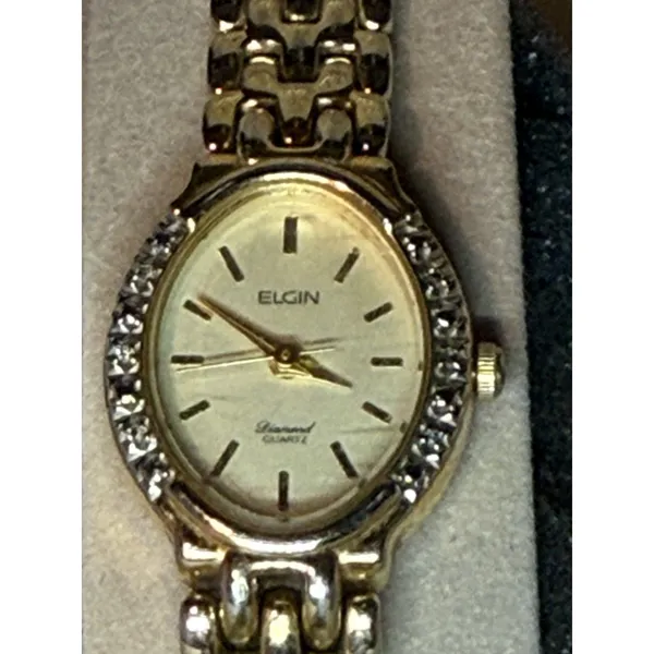 Elgin Diamond Accent Quartz Wristwatch Gold Oval Dress Analog with Box - Image 3