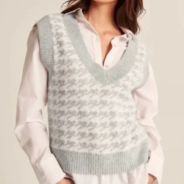 Abercrombie Houndstooth Sweater Vest Gray Preppy Golfcore V Neck Knit Size S - Image 4