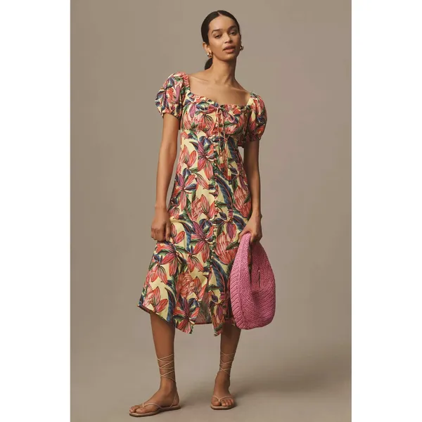 Farm Rio for Anthropologie Tropical Floral Smocked Linen Midi Dress XS - Image 3