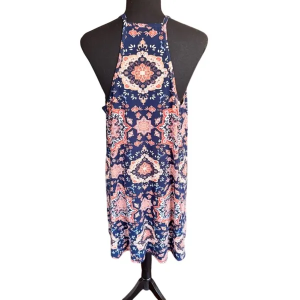 French Grey Sleeveless Medallion Swing Dress Navy Coral – Size L - Image 4