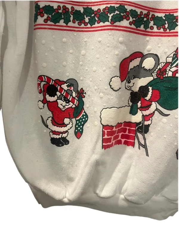 Vtg 90s Santa Mouse Christmas Sweatshirt Crewneck White Grannycore Ugly XL Mice - Image 5