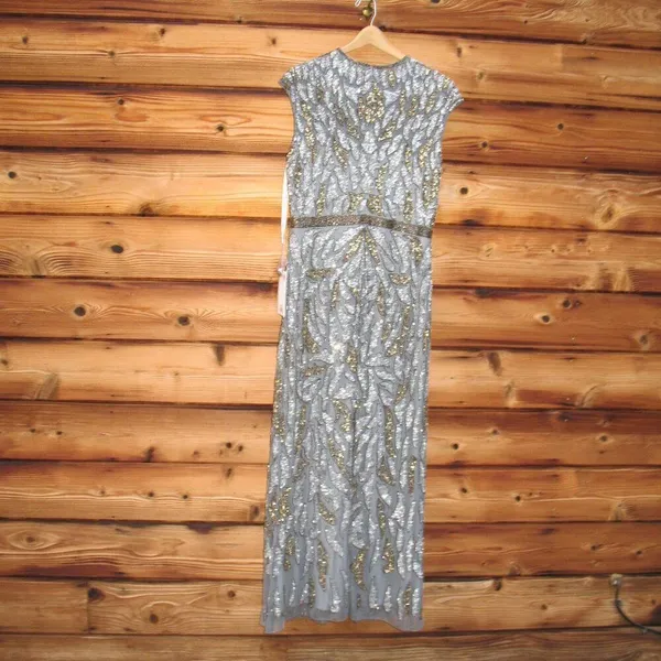 Mac Duggal 6 Silver Gray Gold Beaded Illusion Cap Sleeve Column Gown Maxi Dress - Image 10