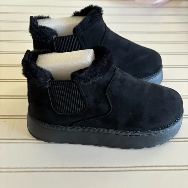 Unbranded Platform Ankle Boots Size 8 Black Faux Suede Fur Lined Slip On Booties - Image 3