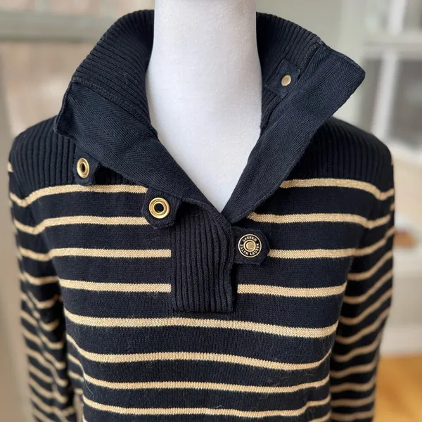 Lauren Ralph Lauren Black Gold Striped Mockneck Cotton Sweater Metallic Medium - Image 5
