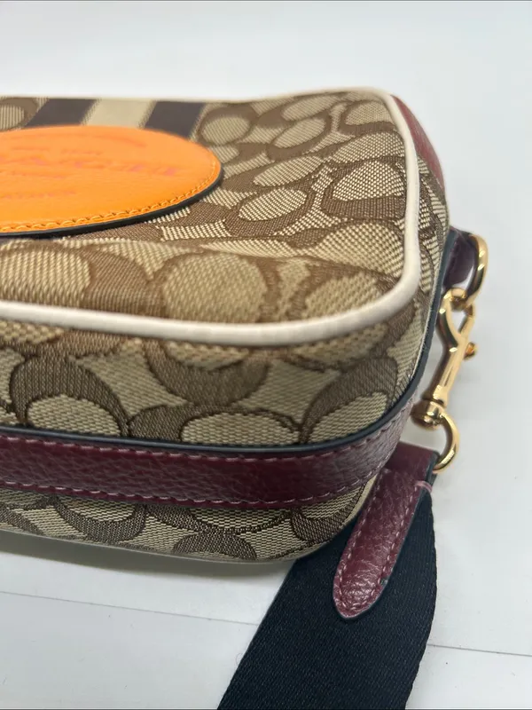 Coach Dempsey Camera Bag Brown Signature Jacquard Orange Logo Patch and Stripes - Image 10