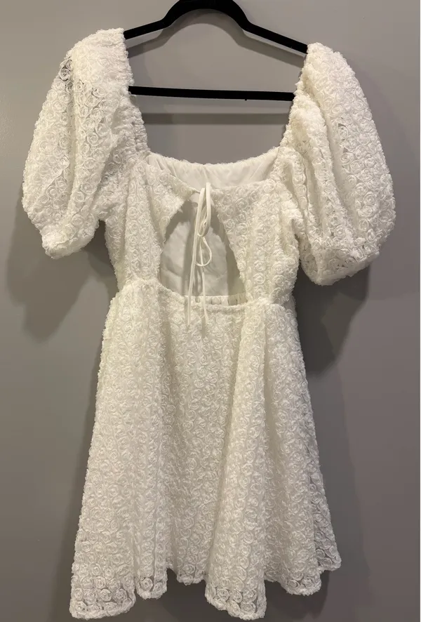 Endless Rose Textured Floral Rosette Cutout Back Mini Dress White - Image 5
