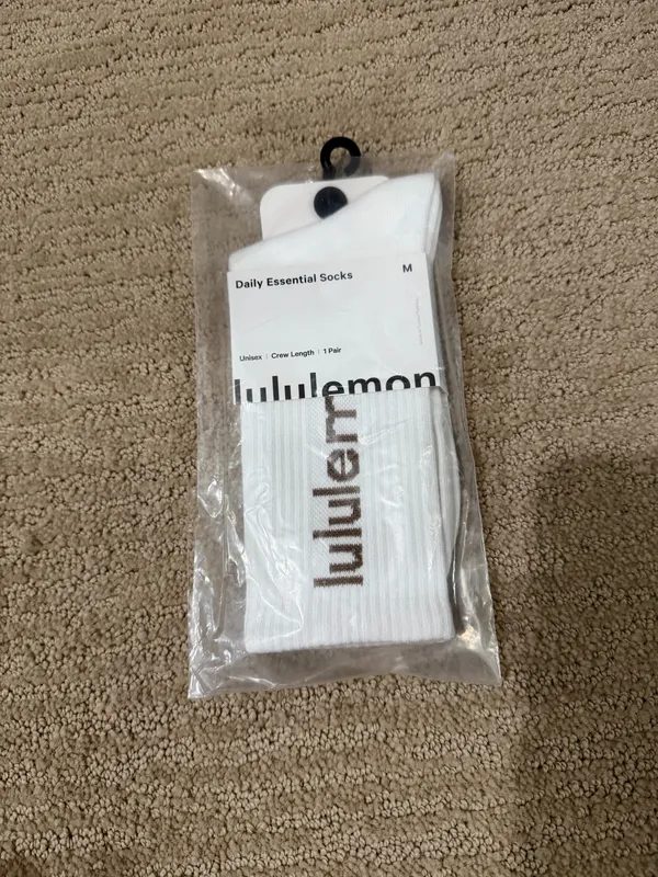 Lululemon Daily Essential Crew Socks Unisex White/Brown Wordmark Size M - Image 2
