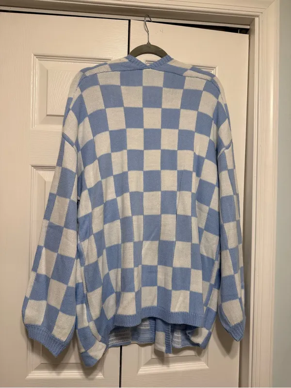 SHEIN Checkered Pattern Drop Shoulder Cardigan Sweater Blue & White Size XL - Image 3