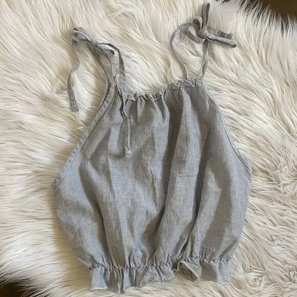 Brandy‎ Melville Blue White Pinstripe Ruffle Tie Strap Crop Top One Size - Image 6